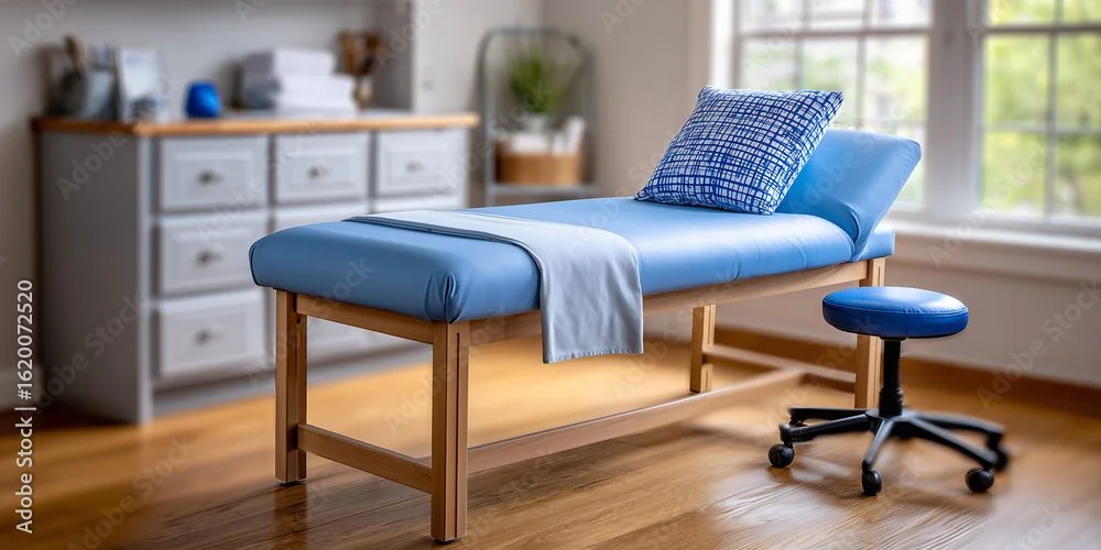 Une chambre avec une table de soins ou d'examen médical bleu, une chaise de bureau à roulettes bleue, et une commode blanche avec plusieurs tiroirs, dans une pièce bien éclairée par une fenêtre.