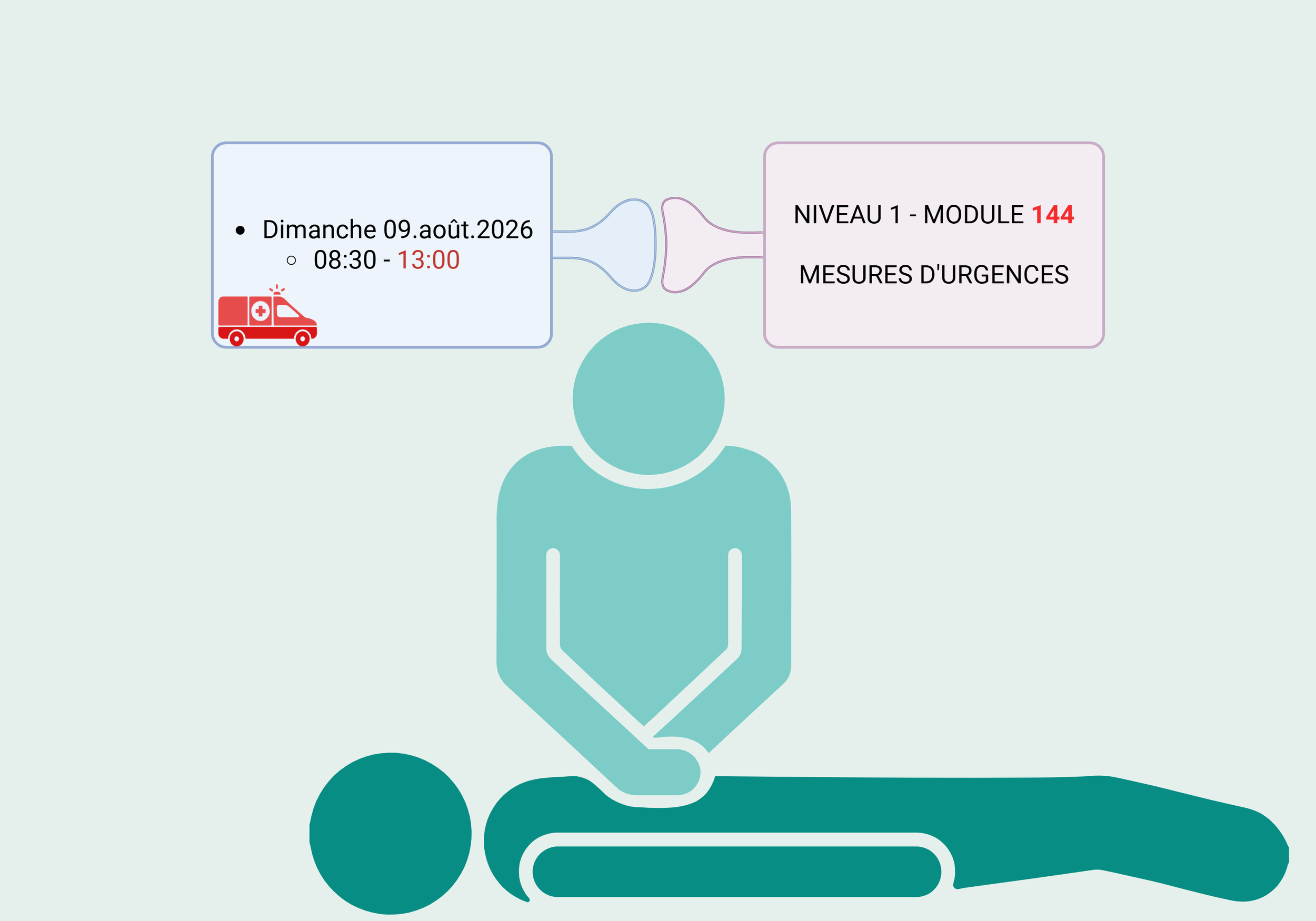 Illustration d'une personne effectuant une réanimation cardiorespiratoire, avec un module d'urgence et un calendrier indiquant une date et une heure