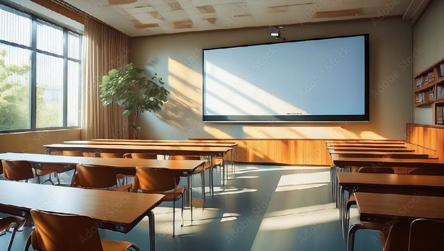 Une salle de classe ou salle de conférence avec plusieurs tables en bois et des chaises en plastique marron, une grande fenêtre laissant entrer la lumière naturelle, un tableau blanc ou écran de projection au mur, et une étagère avec des livres sur le côté droit.