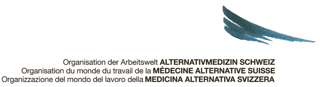 Logo de l'organisation Organisation der Arbeitswelt ALTERNATIVMEDIZIN SCHWEIZ avec des textes en allemand, français, italien et anglais.