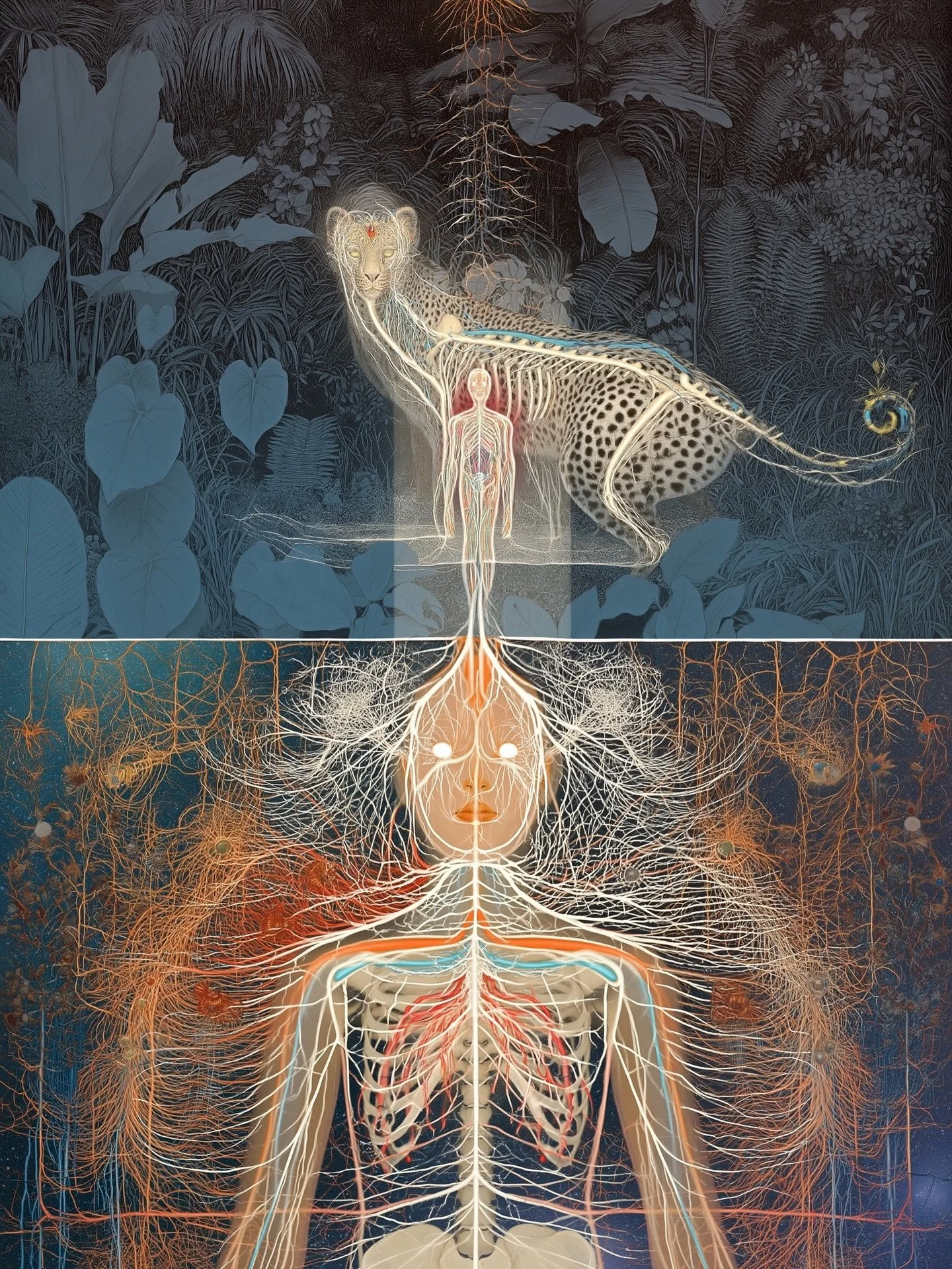 Deep interconnection of spirit bone and the wild🐆🌳🌬️

#aiart #shamanism #junglevibes #psychedelicart #midjourneyart