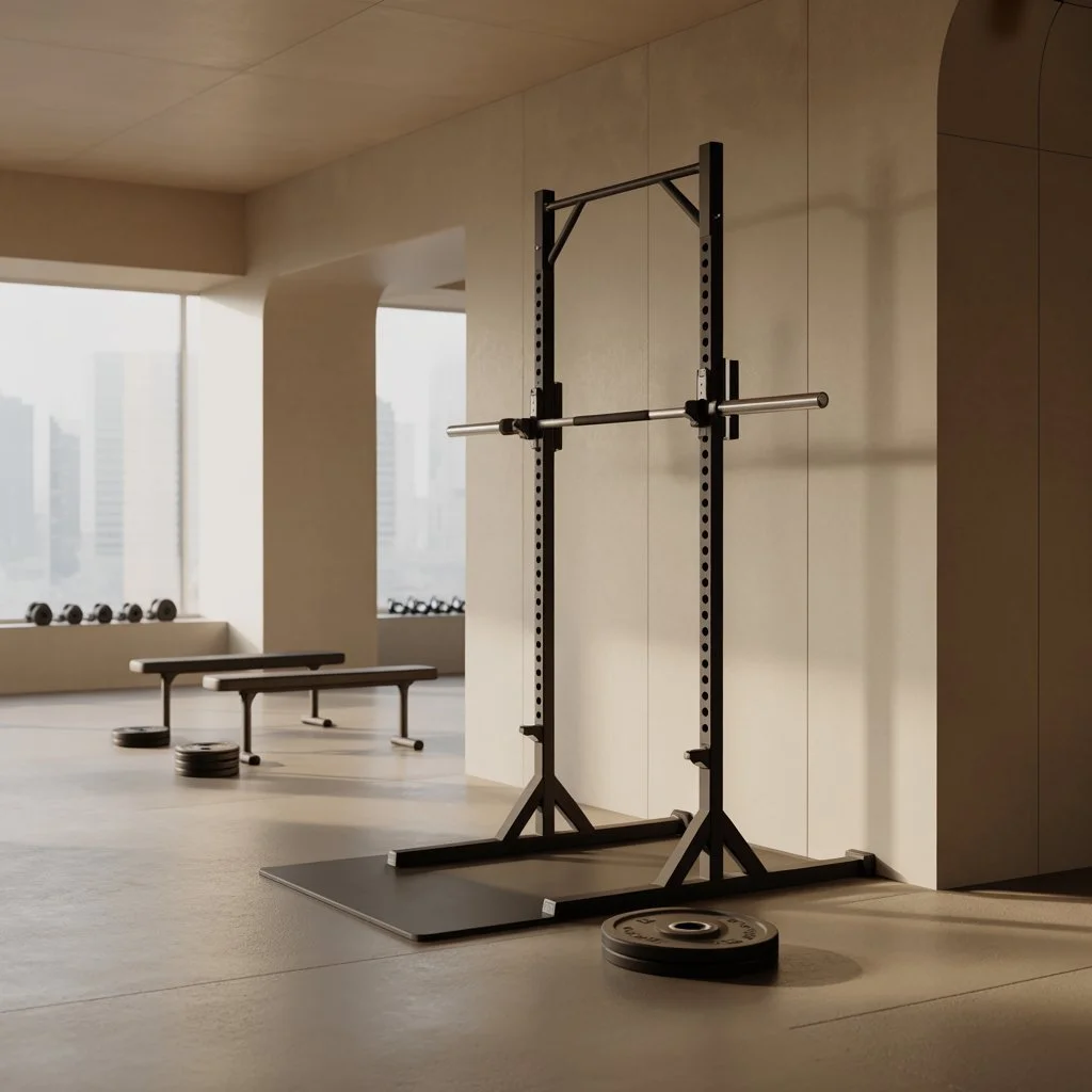 Empty gym with a power rack, barbell, and weight plates, near large windows with a city view.