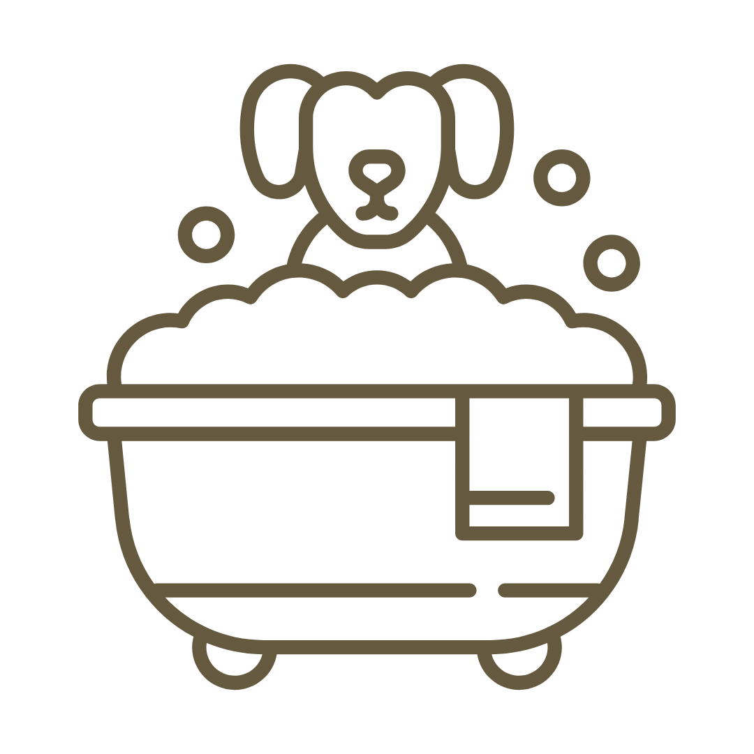 Line drawing of a dog in a bathtub with soap bubbles and a towel hanging on the side.