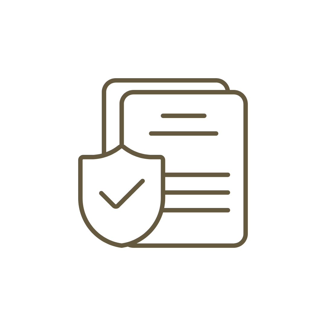Outline icon of a document with a shield badge displaying a check mark, symbolizing document protection or verification.