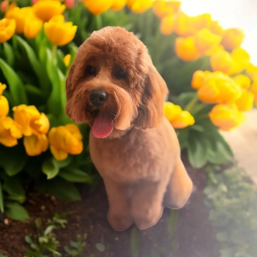 A cute brown dog with a fluffy face sitting in front of a bright yellow tulip garden.