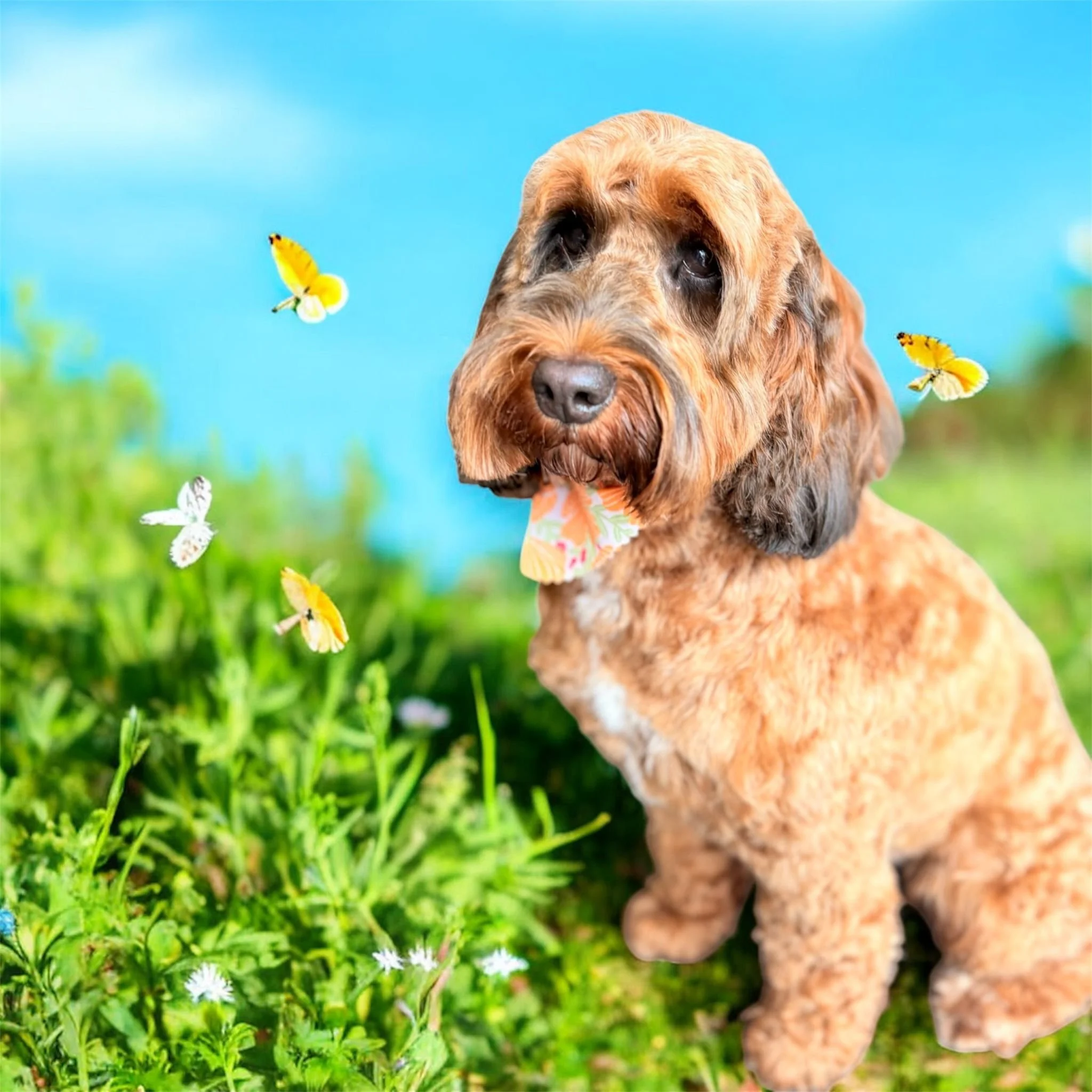 A brown dog with long ears sitting on grass with butterflies flying around, blue sky background.