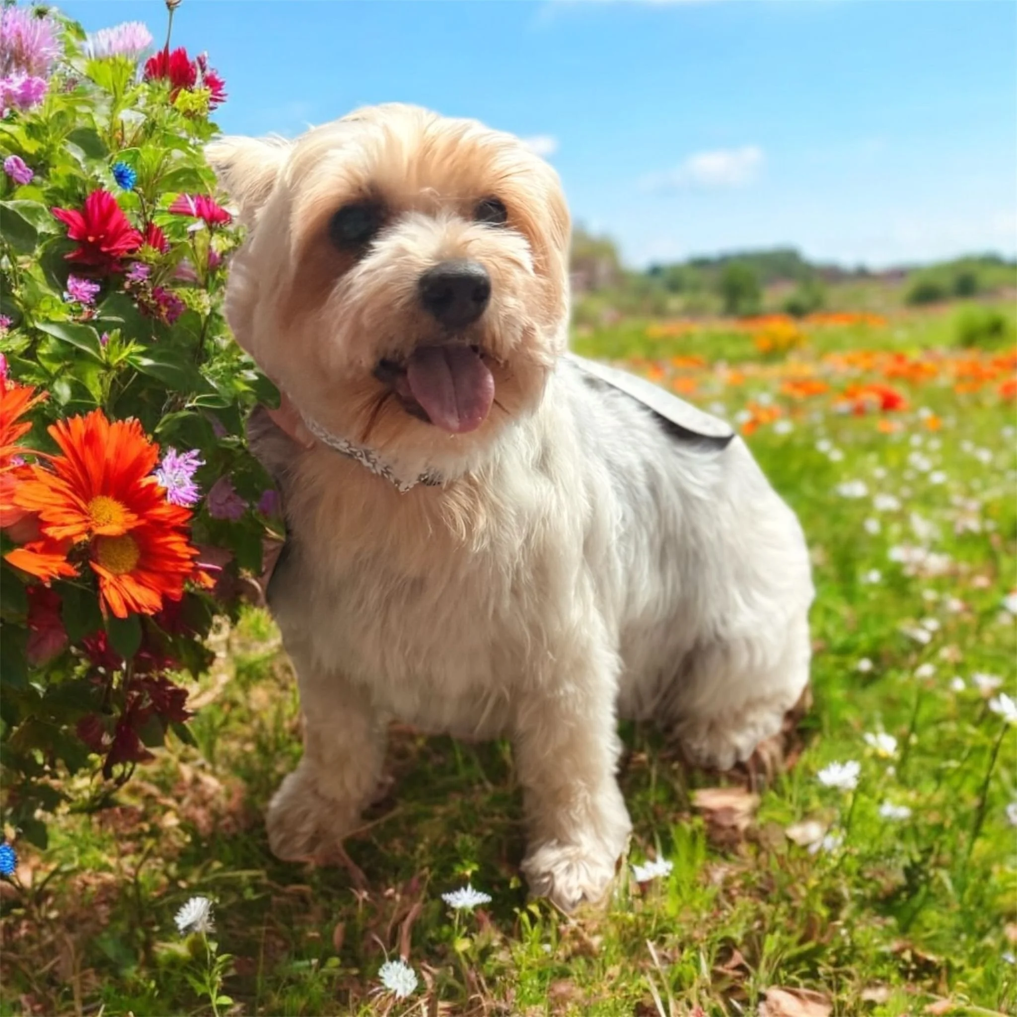A small dog with light fur sitting on grass near colorful flowers in a field under a blue sky.