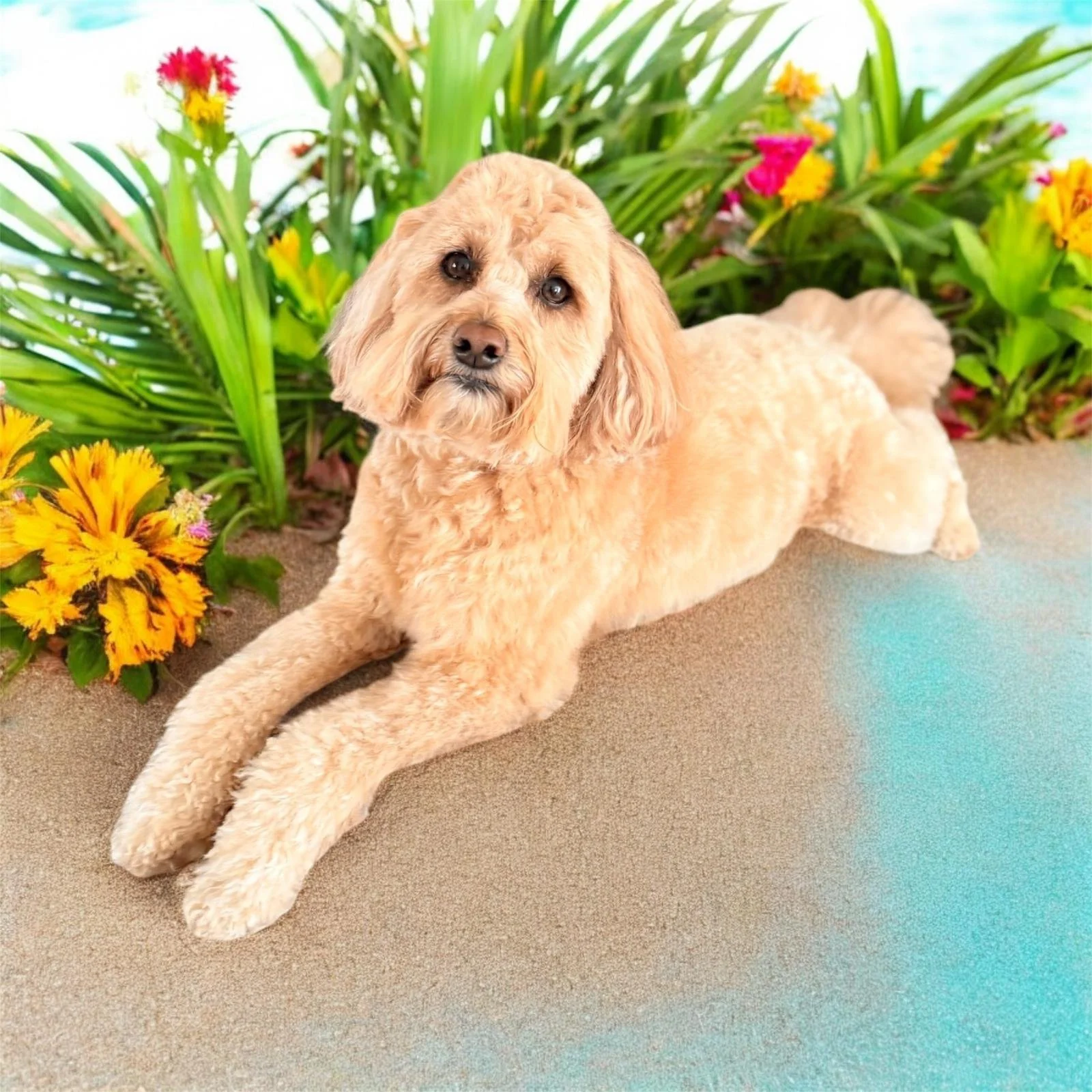 A tan, curly-haired dog lying on a sandy surface with green plants and colorful flowers behind it.