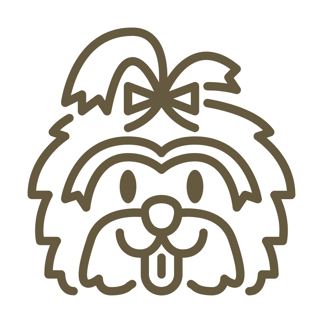 Line drawing of a dog's face with a bow on top of its head.