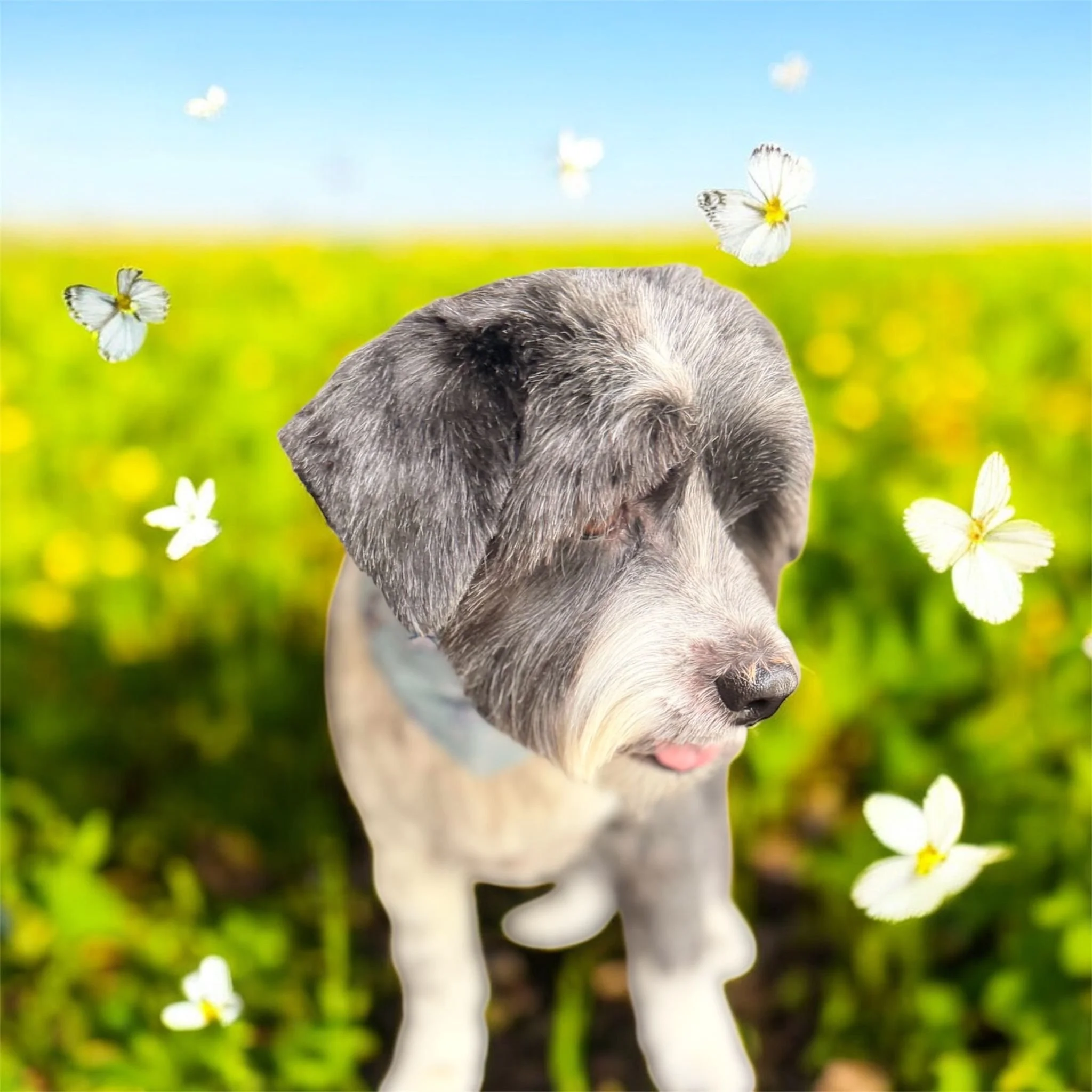 A gray and white dog with floppy ears in a green field with white butterflies flying around.