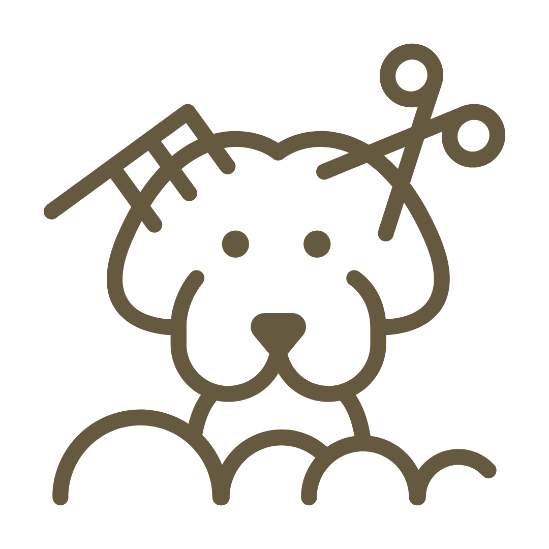 Line drawing of a cute puppy with knitting needles and yarn on its head.