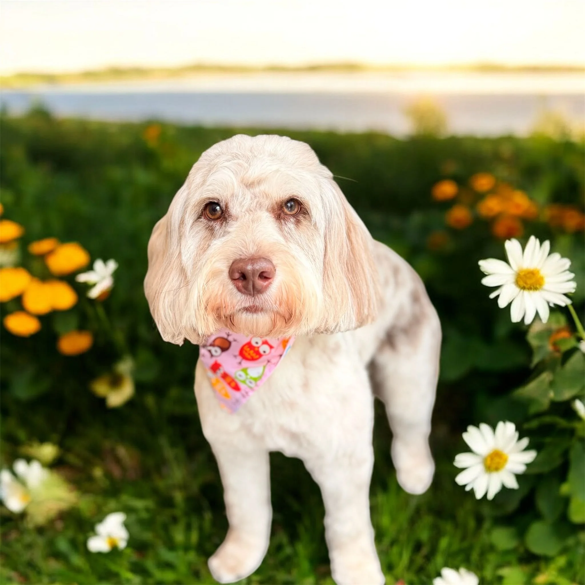 A dog with light-colored fur and brown eyes standing among white daisies and orange flowers in a garden with a lake and landscape in the background.