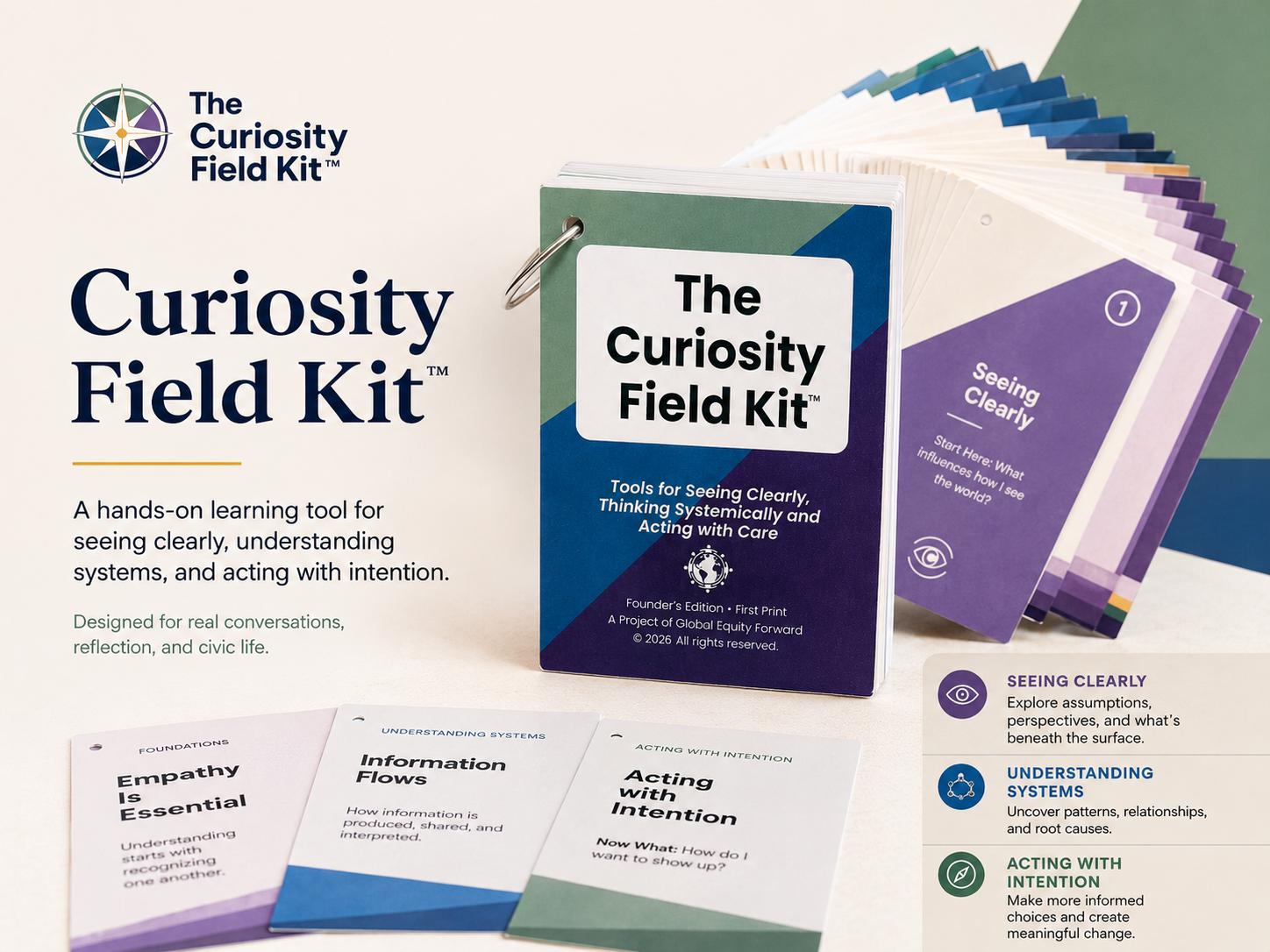 Curiosity Field Kit™ ring-bound card deck shown with its three-step learning process: Seeing Clearly, Understanding Systems, and Acting with Intention.
