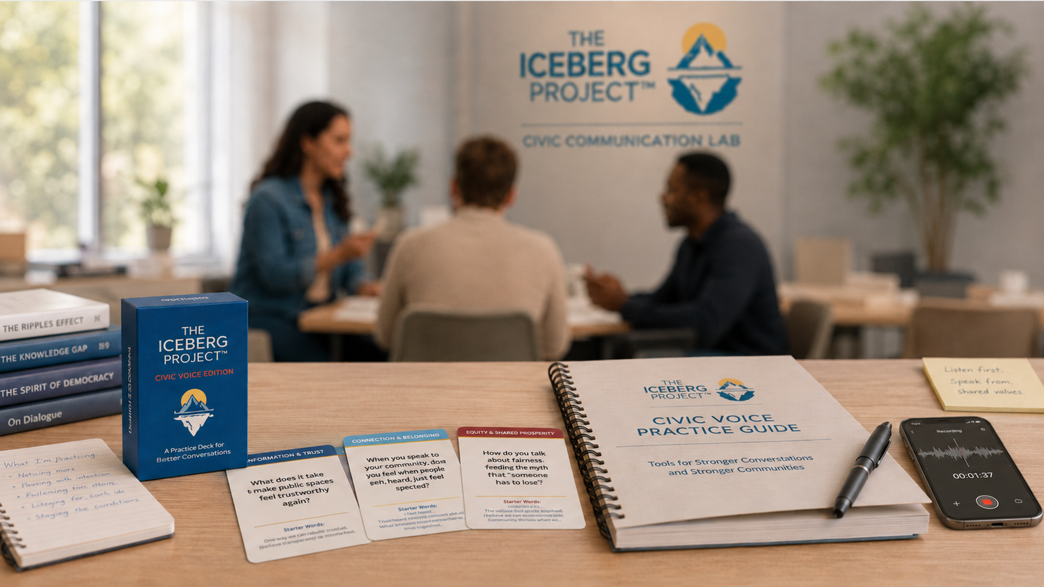 The Iceberg Project™ Civic Communication Lab materials arranged for a guided civic communication practice session, with a group discussion in the background.