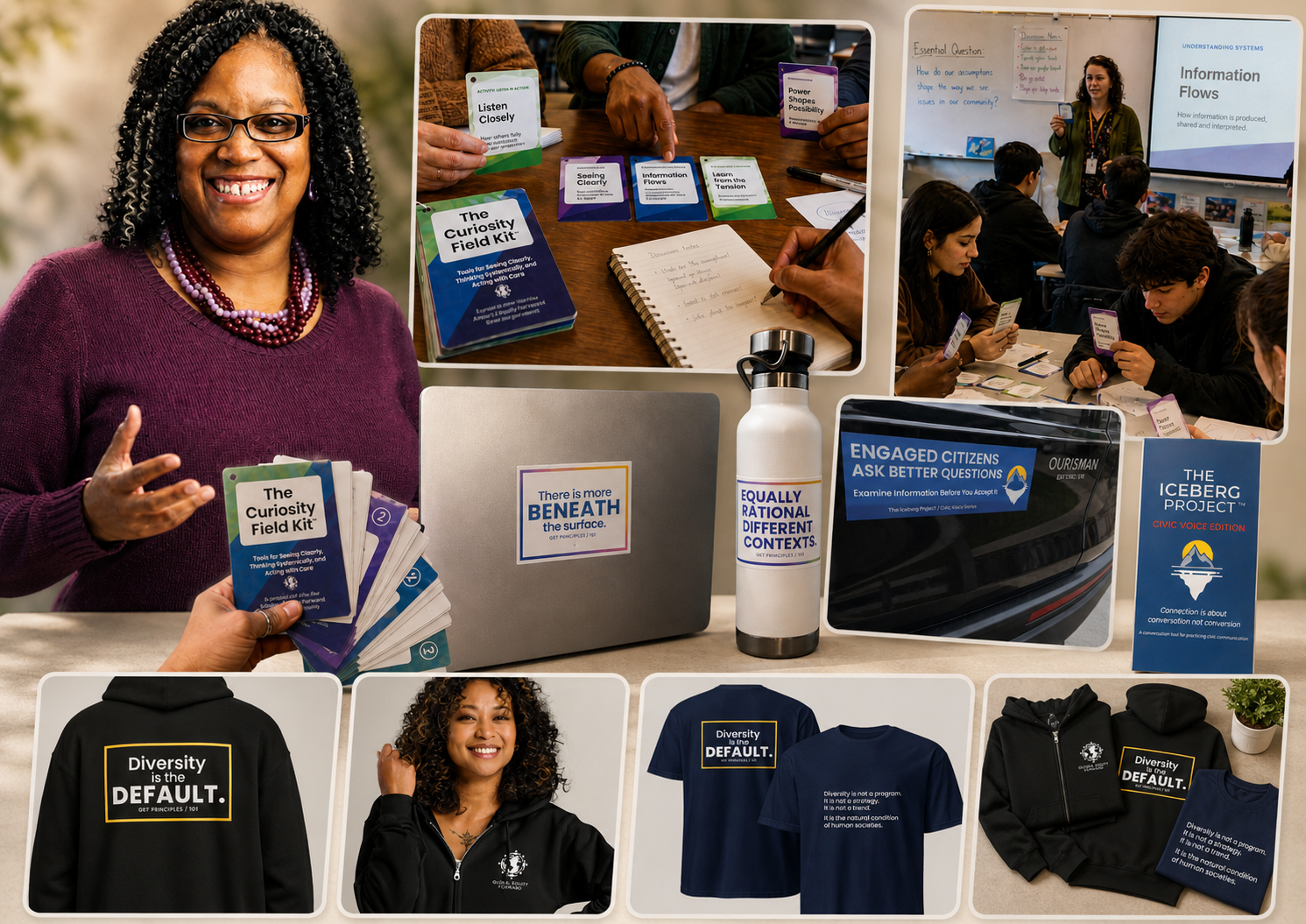 Composite image showing Global Equity Forward tools and items in use, including Curiosity Field Kit™ cards, stickers, apparel, and everyday settings.