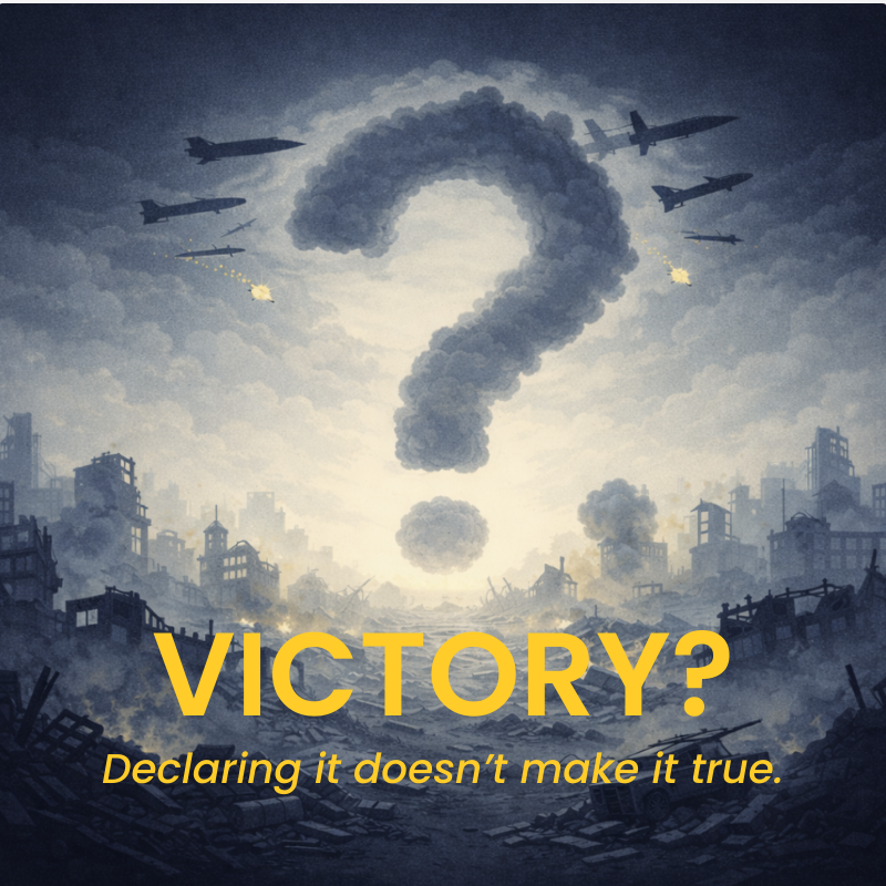 Minimalist illustration of a destroyed cityscape with smoke forming a question mark, representing uncertainty about victory in war.