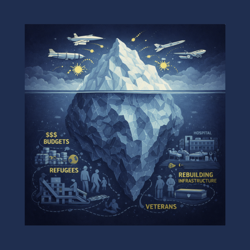 Editorial iceberg illustration showing visible weapons above water and hidden human and financial costs of war below the surface.