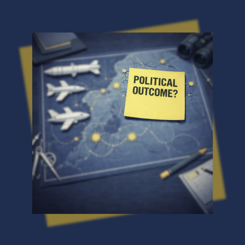 Editorial illustration of a military planning map with missiles and aircraft diagrams, featuring a yellow note labeled “Political Outcome?” highlighting the absence of a clear post-war strategy.