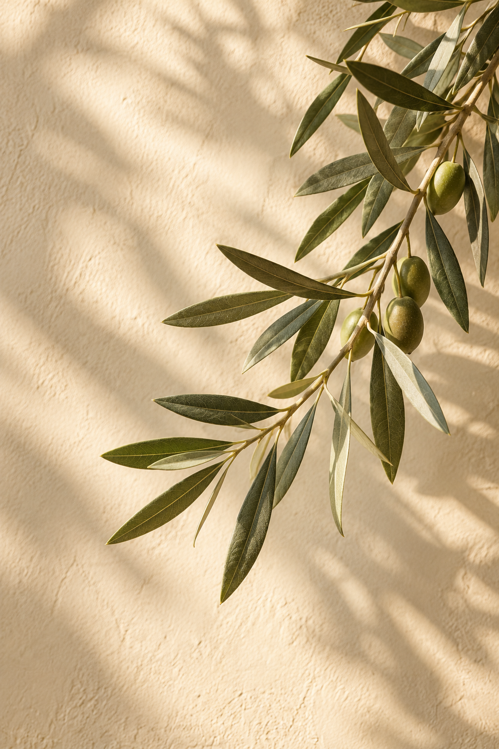 Olive branch with green olives hanging against a textured beige wall with shadows.