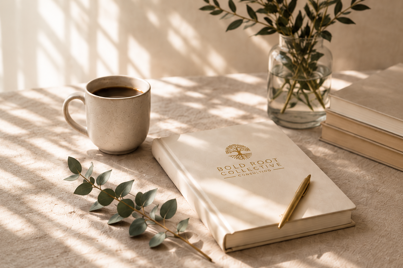 A scene on a desk featuring a cup of black coffee, a white notebook with the logo and text 'Bold Root Collective Consulting', a gold pen, a sprig of eucalyptus, a stack of books, and a glass vase with green foliage, with sunlight casting shadows.