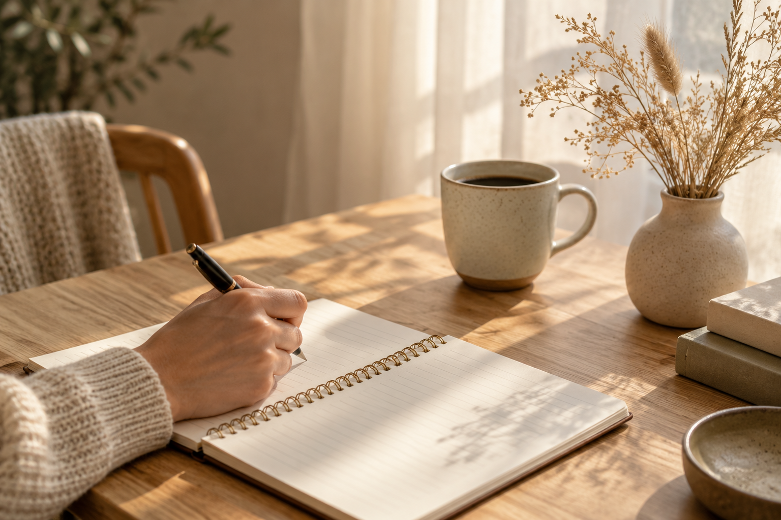 Person writing in a notebook at a wooden table with a cup of coffee, a vase of dried flowers, and books.