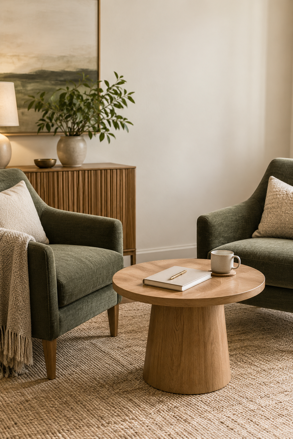 Living room with two green armchairs, a wooden round coffee table with a notebook, a pen, and a mug. A wooden sideboard with a potted plant, a bowl, and a lamp. Wall art above the sideboard. Beige rug on the floor.