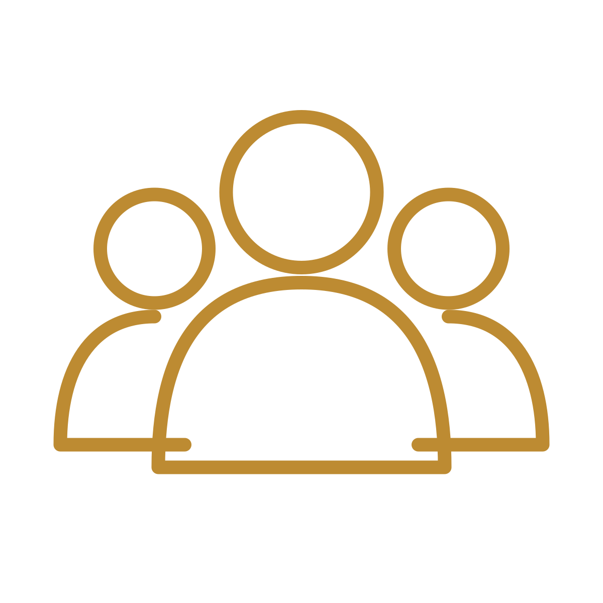 Outline icon of a group of three connected people, with a larger figure in the front and two smaller figures behind.