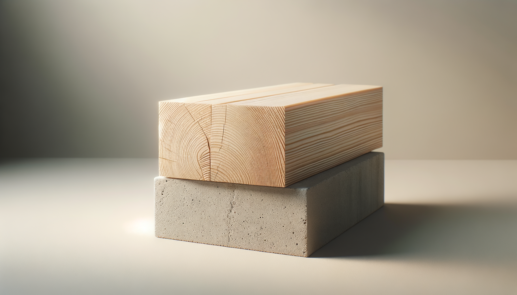 A wooden block with visible growth rings stacked on a concrete block, with a plain background and soft lighting.