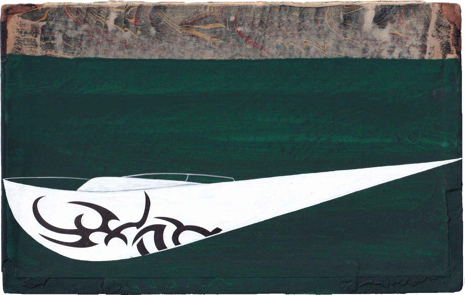 Skater, 2021, gouache and acrylic on book cover (tattoo decal), 5 x 7.80 in