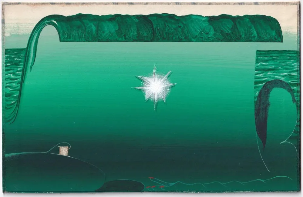 Glimpse (w/ Demon), 2018, gouache and acrylic on book cover, 6.75 x 8.75 in