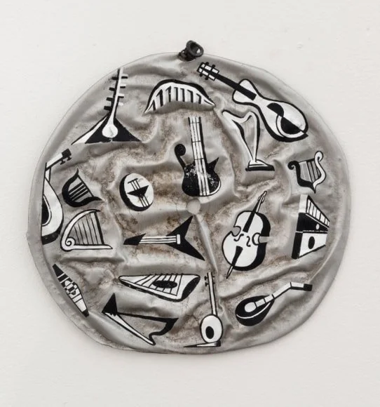 Strings, 2016, acrylic on found object (metal), 9.25 inch diameter