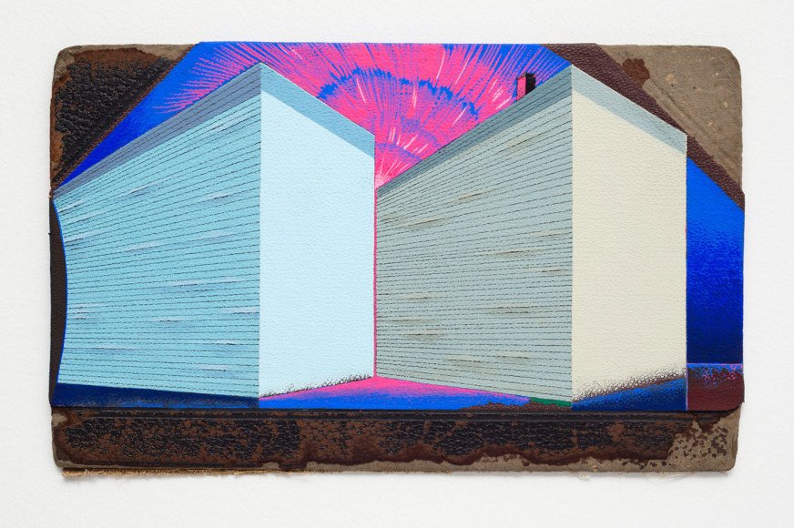 Almost Touching, 2016, gouache and acrylic on book cover, 5.5 x 9 inches