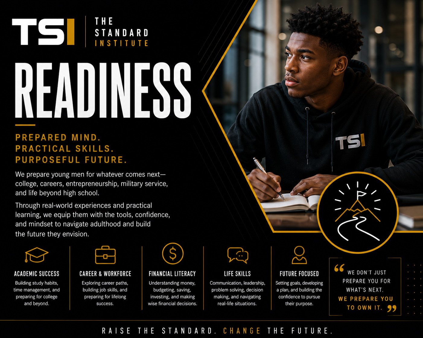 Advertisement for The Standard Institute emphasizing readiness with a photo of a young man in a black hoodie, sitting at a table, writing in a notebook. The ad highlights skills such as academic success, career and workforce, financial literacy, life skills, and future focus, with a logo featuring a mountain, flag, and winding path.