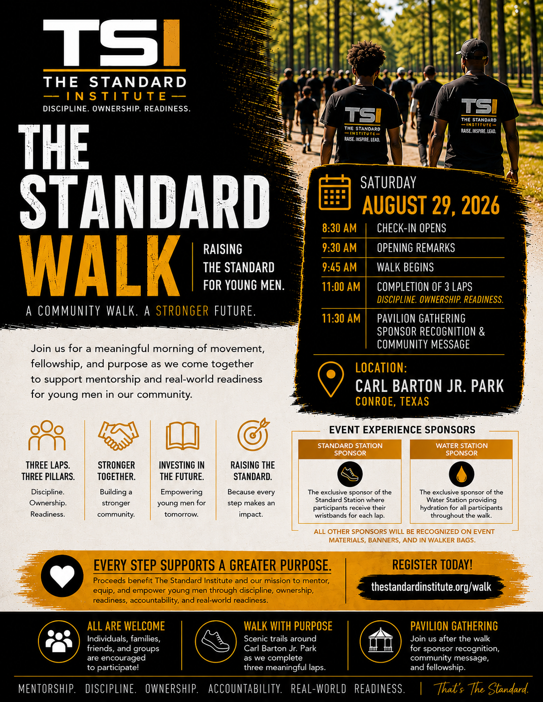 Poster for The Standard Walk event on August 29, 2026, at Carl Barton Jr. Park in Conroe, Texas. Features schedule with check-in at 8:30 AM, walk begins at 9:45 AM, and pavilion gathering at 11:30 AM. Promotes community involvement, mentorship, and discipline for young men, with sponsors and activities outlined.