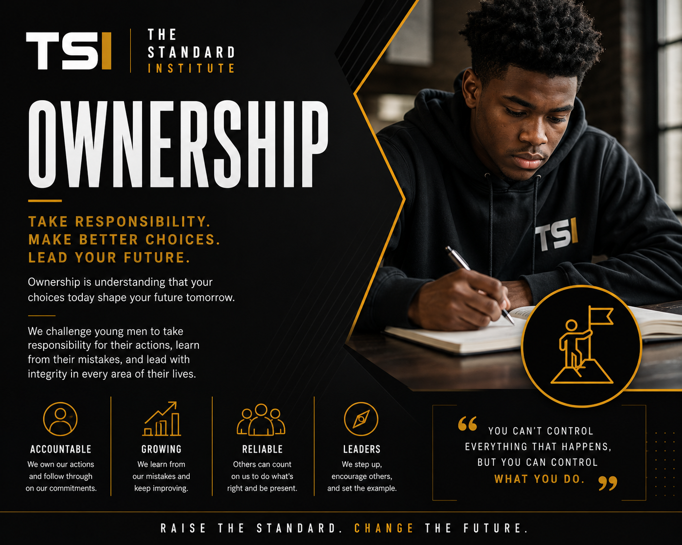 A young man writing in a notebook, wearing a hoodie with 'TSI' logo, sitting at a table in a modern workspace with large windows, promoting ownership, responsibility, and leadership.