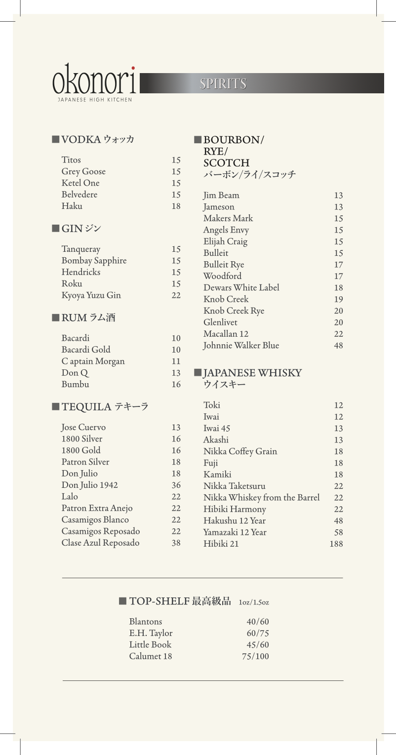 Spirits Menu 