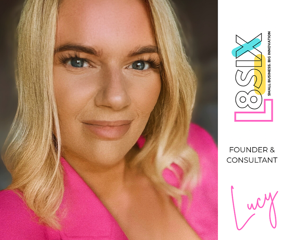 Close-up portrait of a woman with blonde hair, blue eyes, and a friendly smile, wearing a bright pink top with a blurred background. To the right, there is a logo with text that reads 'L8SIX,' and beneath it, 'Founder & Consultant' and her signature in pink.