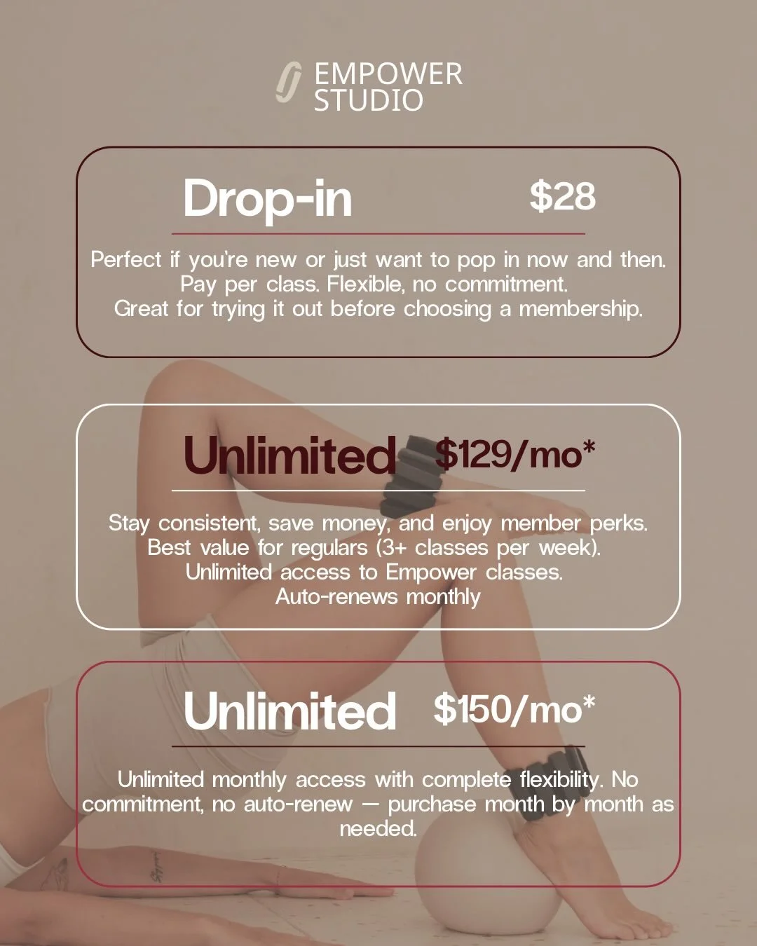 Our pricing is officially live! 🔥🔥
Thank you for all the excitement and support as Empower studio comes to Marlton. Straight forward, flexible, and built to support your journey. 

Choose what fits your routine. Drop-ins, class packs, or unlimited 