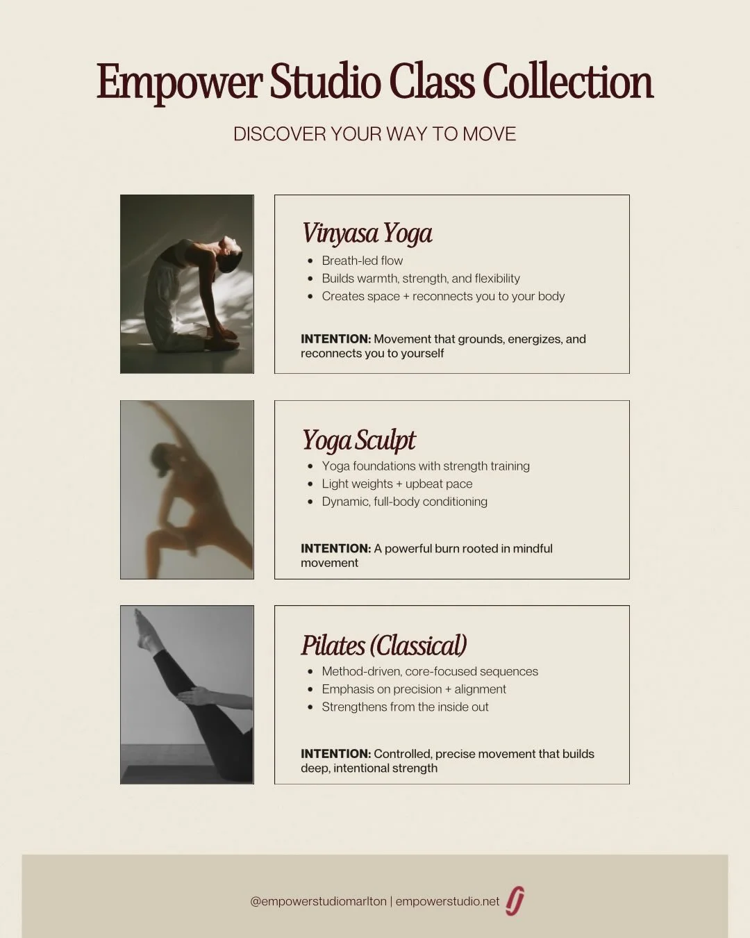 The Empower Studio Class Collection is here 🤍 

A space to move with intention, build strength from within, and reconnect to your body in a way that feels grounding and energizing. 

Whether you&rsquo;re flowing, sculpting, lengthening, or turning u