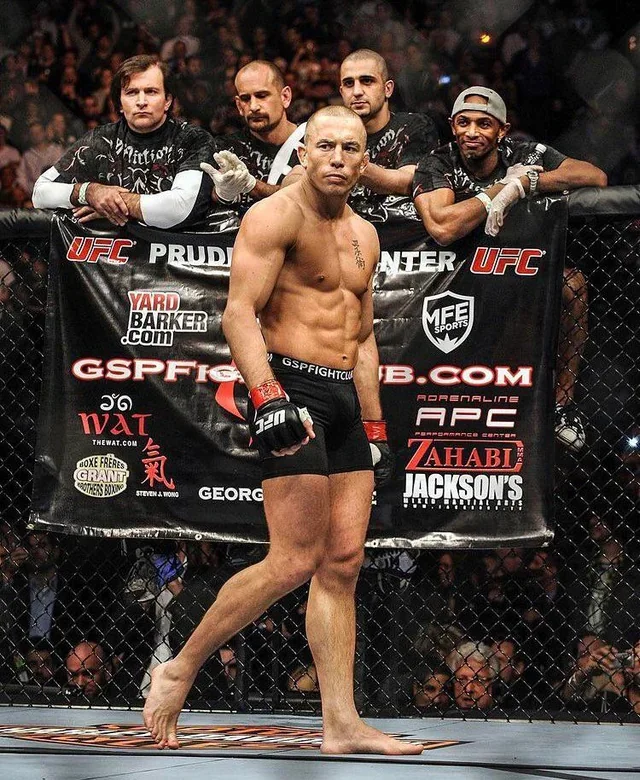 Mixed martial arts fighter standing in the octagon with a group of people behind him leaning on the cage, advertising banners visible.