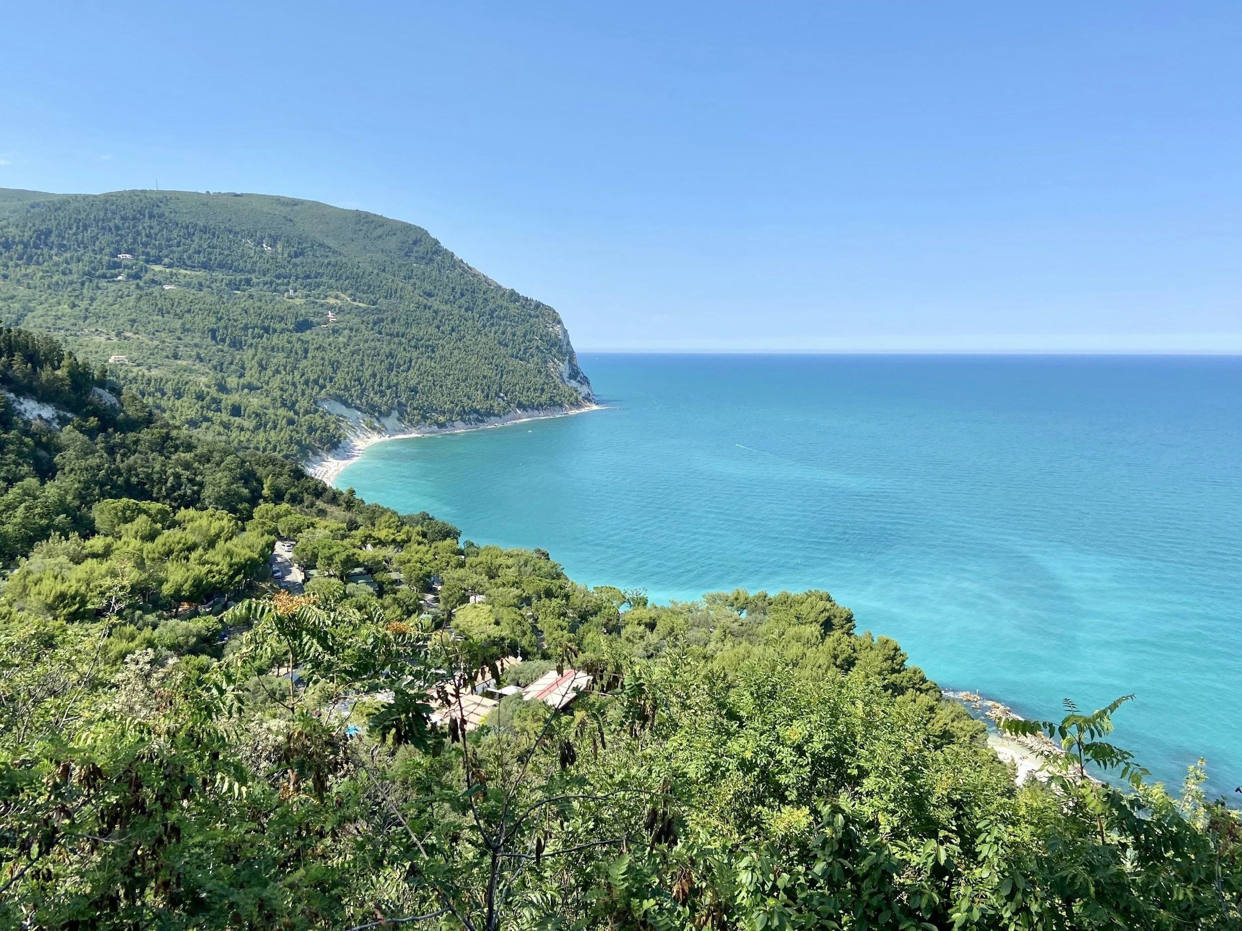 A scenic view of a lush green hillside overlooking a turquoise ocean under a clear blue sky.