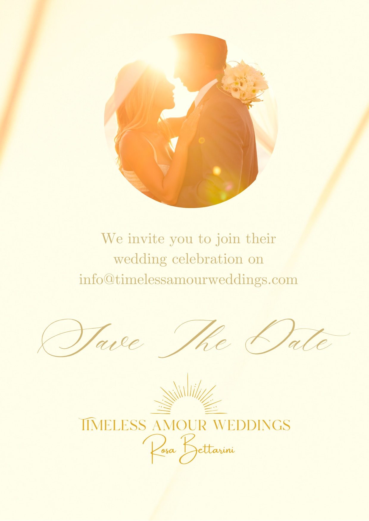 A wedding invitation with a circular photo of a bride and groom embracing at sunset, with soft beige background and gold text, inviting guests to a wedding celebration.