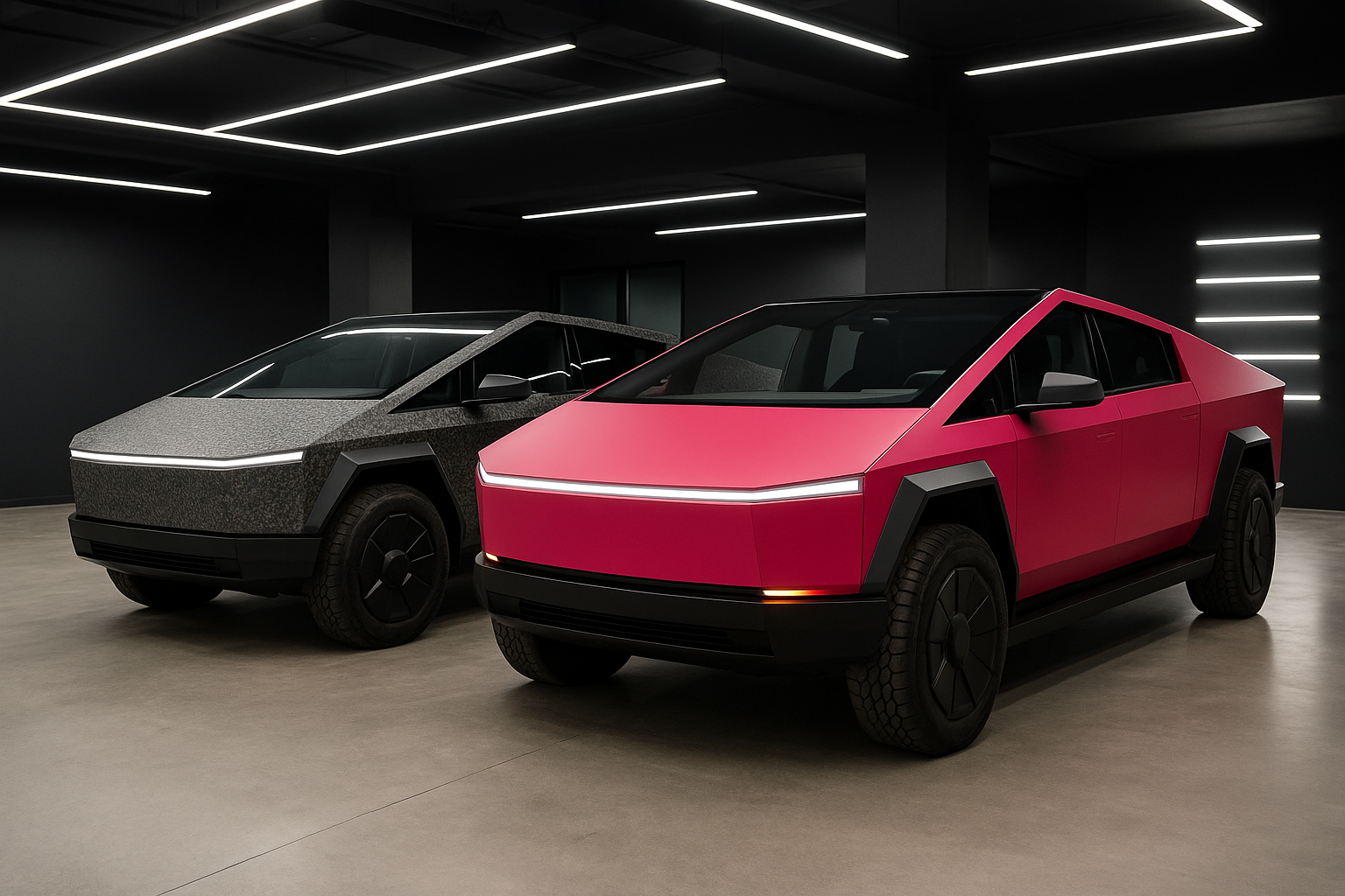 Two futuristic, angular electric vehicles parked indoors with black walls and modern lighting.