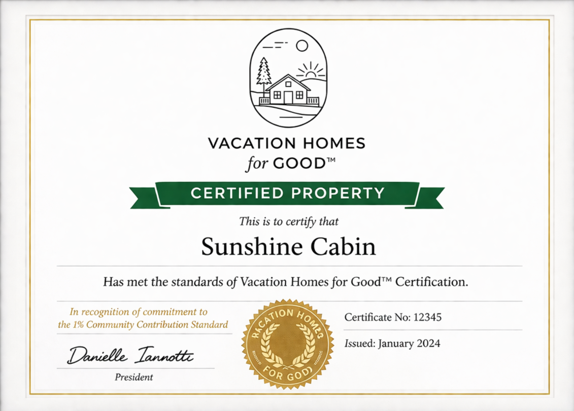 Certificate for Sunshine Cabin, certified property under Vacation Homes for Good program, issued January 2024.