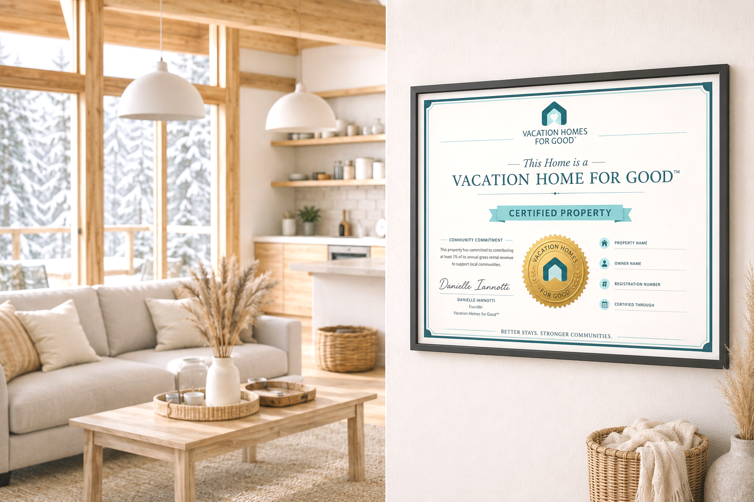 Vacation Homes For Good™ Certificate hanging on the wall of a certified vacation home