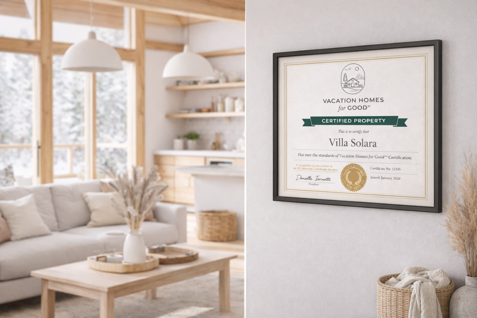 Living room with white sofa, wooden coffee table, and natural decor, and a framed Vacation Homes for Good certification on the wall.