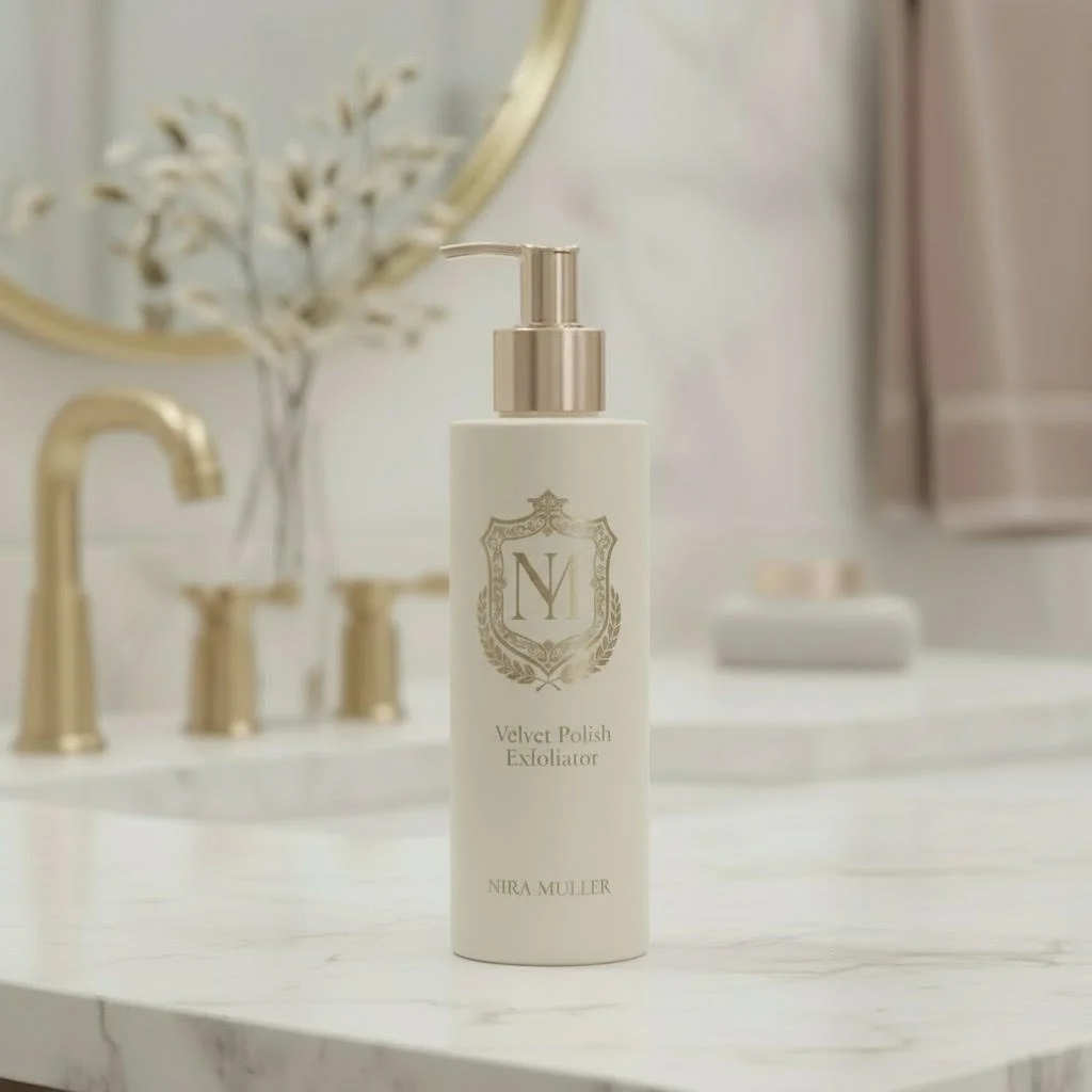 A white bottle with a gold pump dispenser labeled 'Velvet Polish Exfoliator' by Nira Muller, placed on a white marble bathroom counter with a gold faucet in the background.