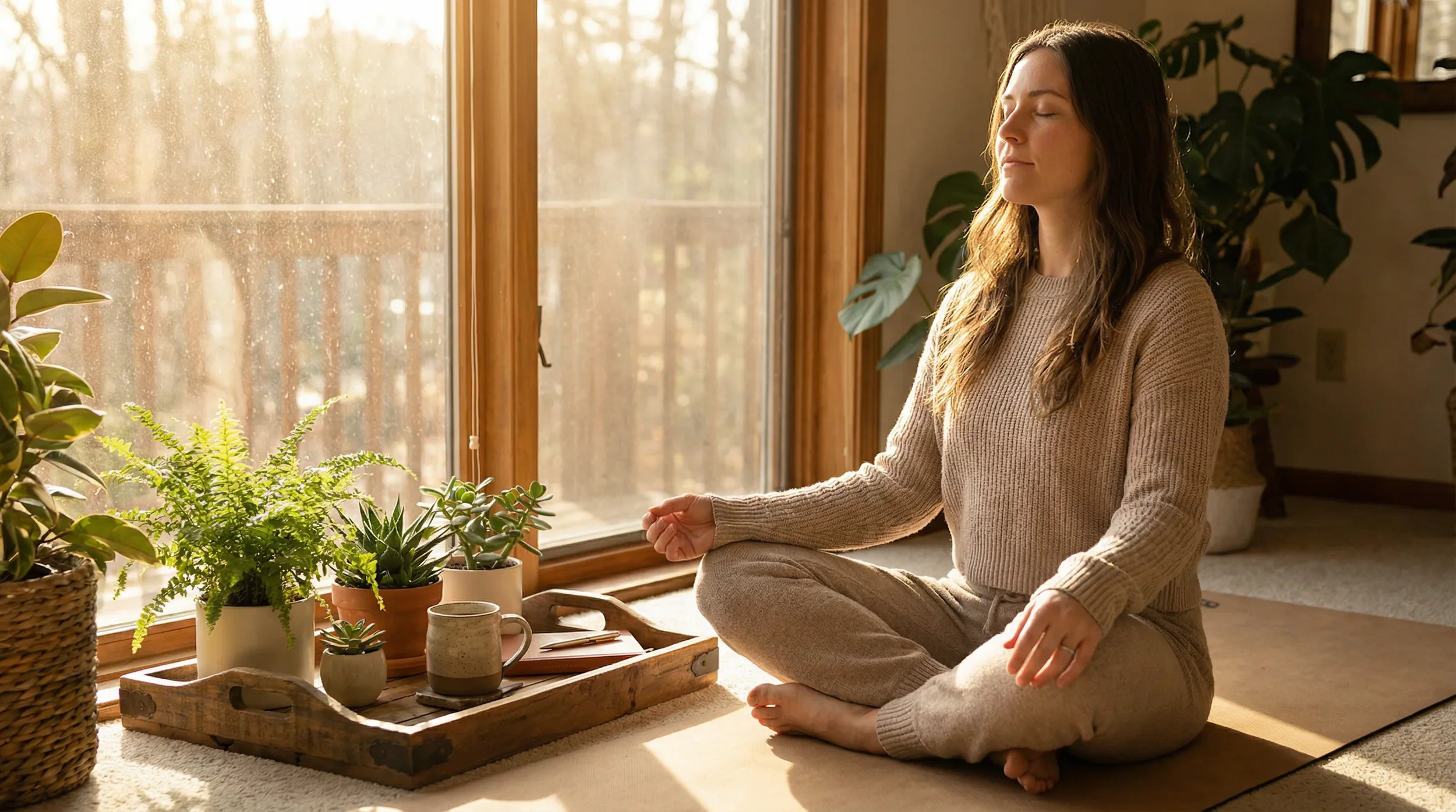 A woman practicing meditation indoors near a large window with plants around, sitting cross-legged on a rug with her eyes closed and hands resting on her knees.