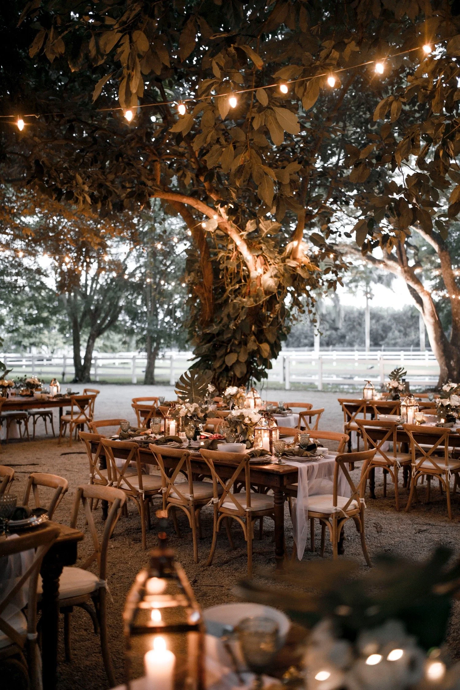 Outdoor dinner setup under large tree with string lights, decorated tables, and candles.