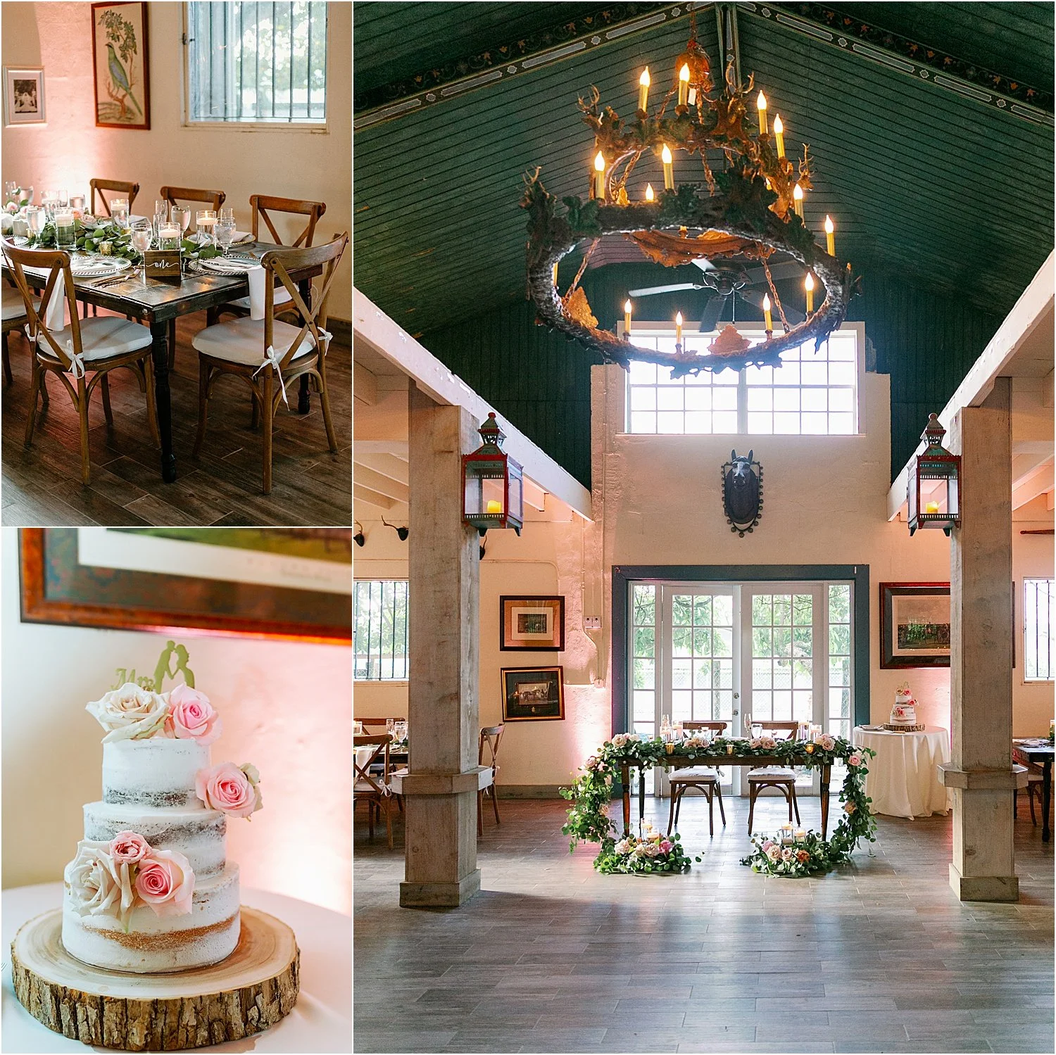 Wedding reception set up with decorated table, floral arch, and wedding cake. The main room features high ceiling with a chandelier, large windows, and framed pictures on the walls.